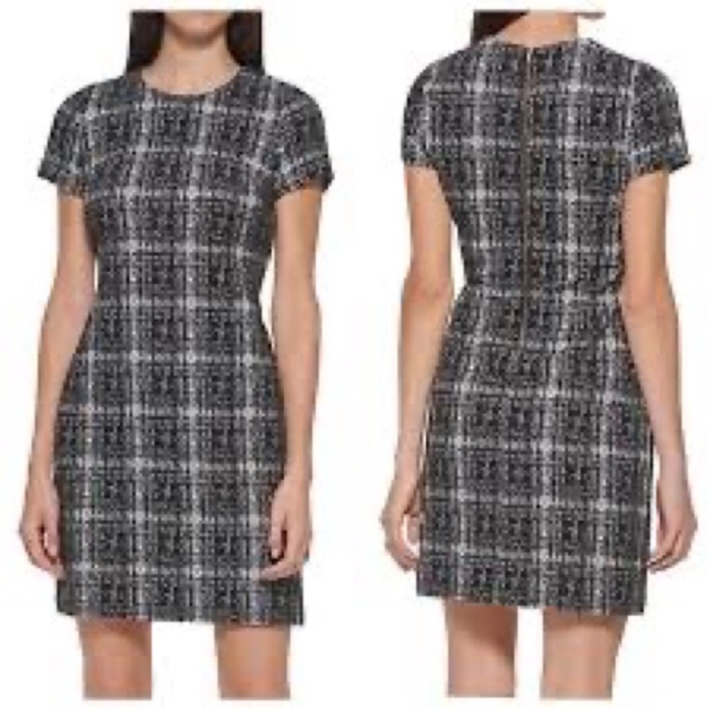 Calvin Klein Black White Tweed Short-Sleeve Sheath Dress; Plaid; Back Zip; Sz 10